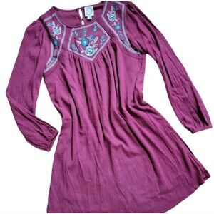 Blue Rain Boho Shirt Dress XS Embroidered Burgundy Dress Cabincore Maroon Keyhol